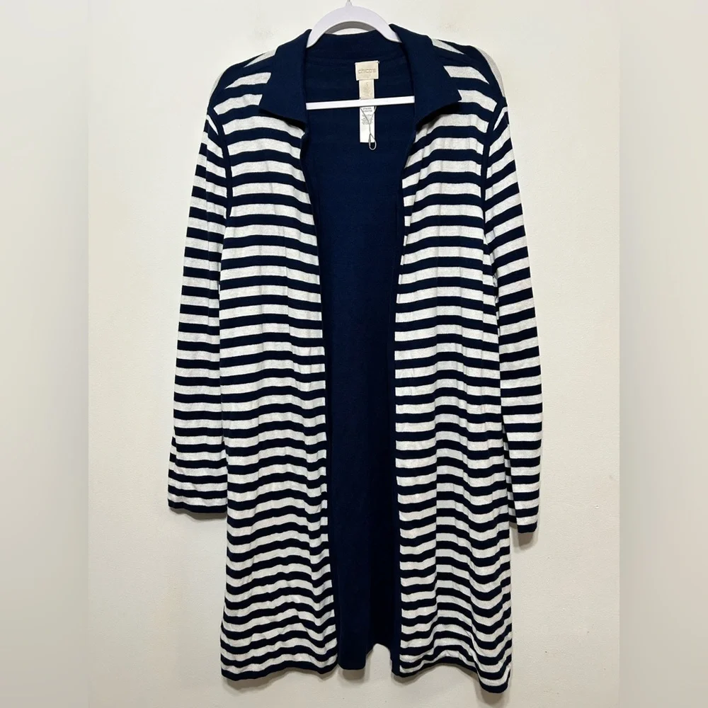 Chicos Striped Open Front Long Line Cardigan Sweater